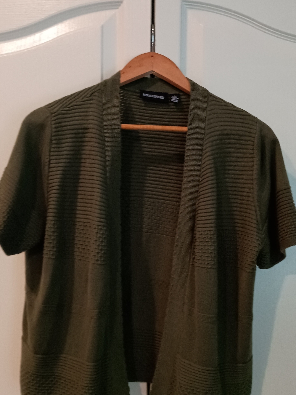 Nina Leonard Olive Green Short Sleeve Open-Front Cardigan